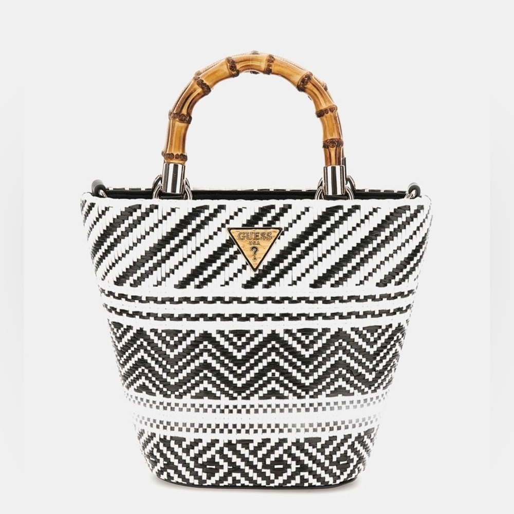 New GUESS Monochrome Geometric Tote with Bamboo Handles